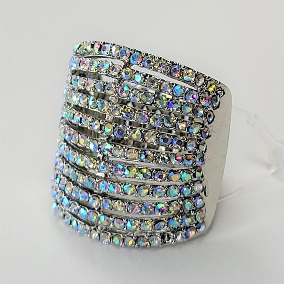 Rhinestone Ring Stretch Adjustable Ring with Aurora Borealis Rhinestones - Picture 5 of 16